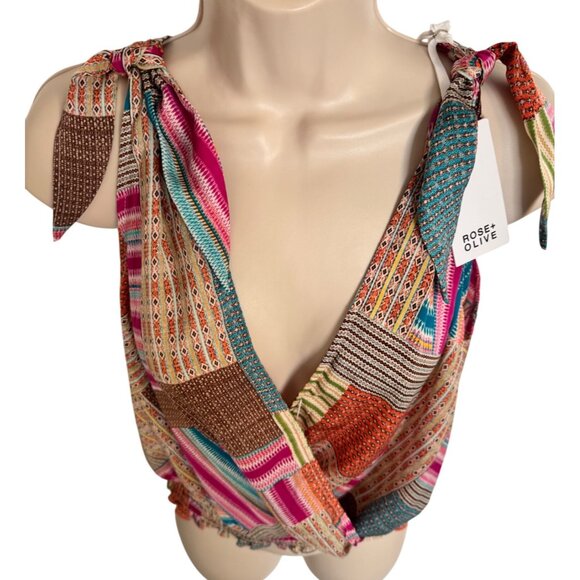 Rose + Olive Cropped Size Medium Tank V Neck Print NWT Elastic Wide Waist - Picture 3 of 9